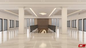 Desain interior masjid modern 2 lantai oleh Mr. Umar dari Jasa Arsitek Creative Indo.