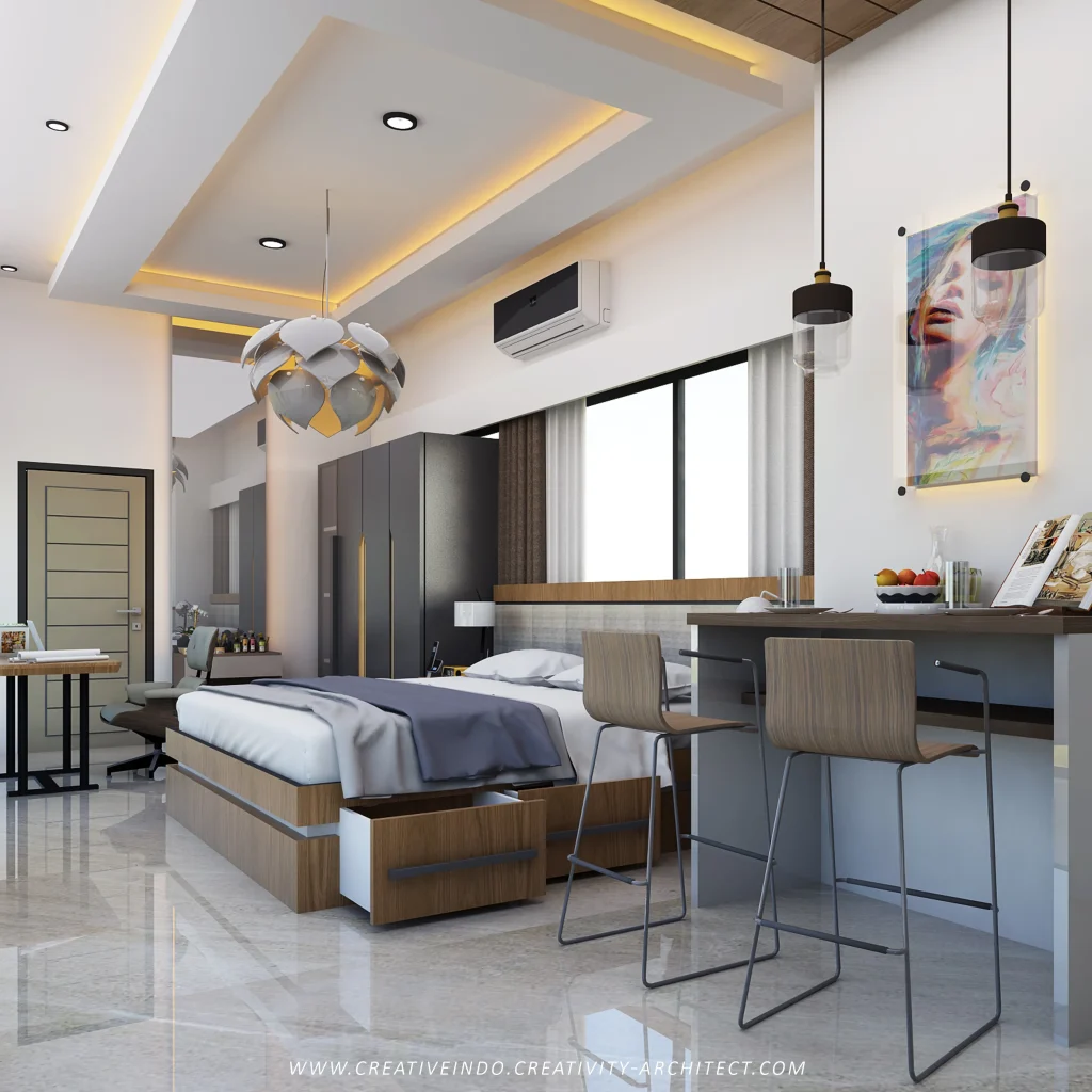 Desain interior kamar tidur modern.