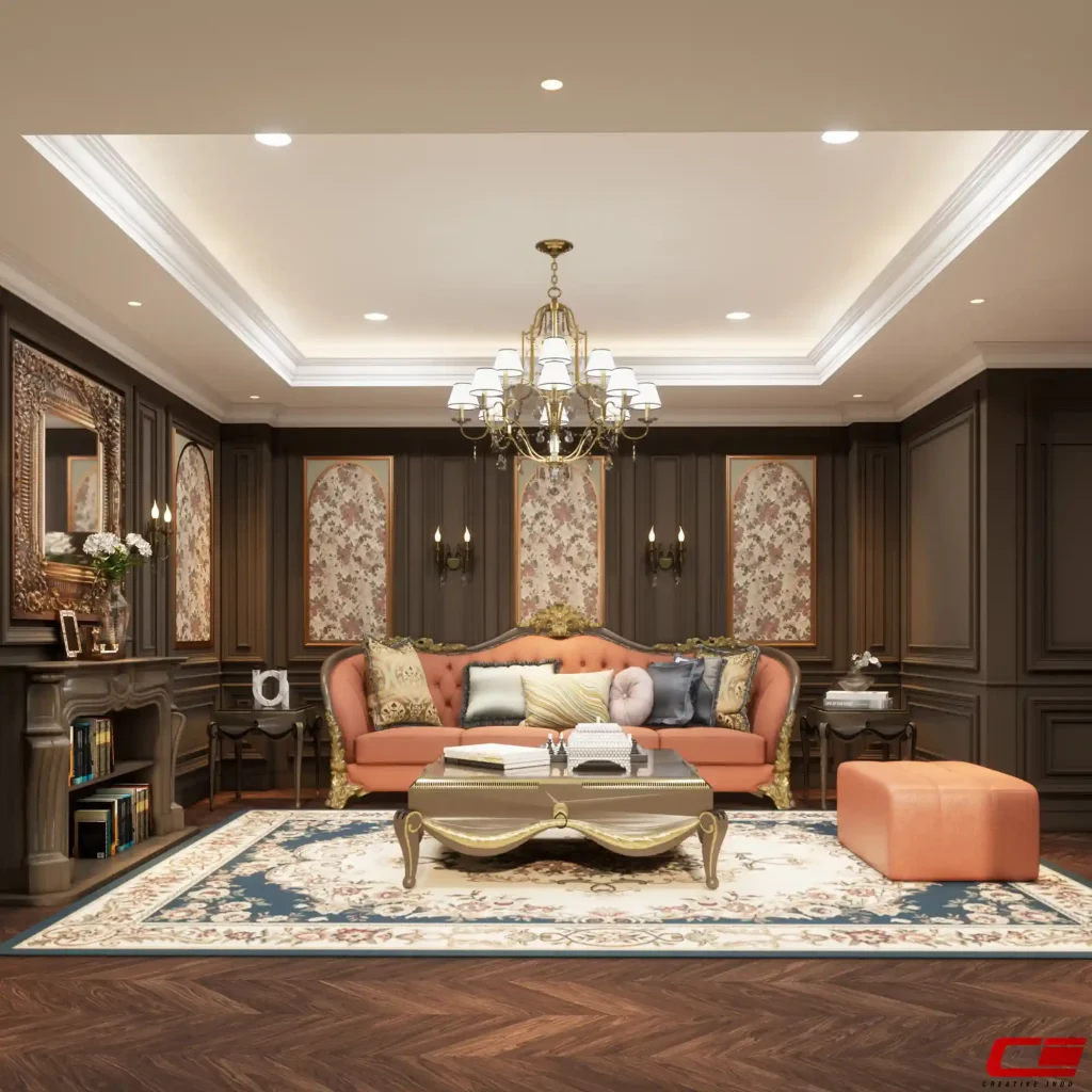 Desain interior ruang tamu rumah mewah.