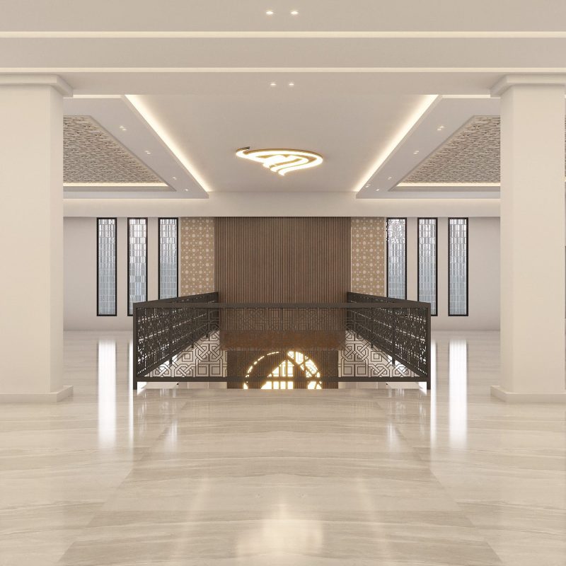 Desain interior masjid modern 2 lantai oleh Mr. Umar dari Jasa Arsitek Creative Indo.