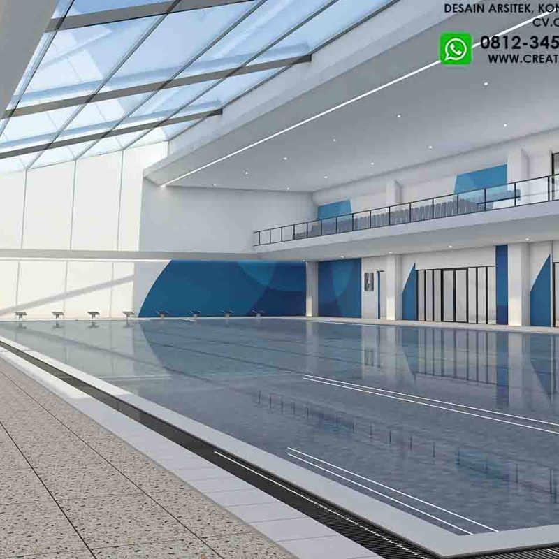 Desain sekolah modern tempat olahraga kolam renang.