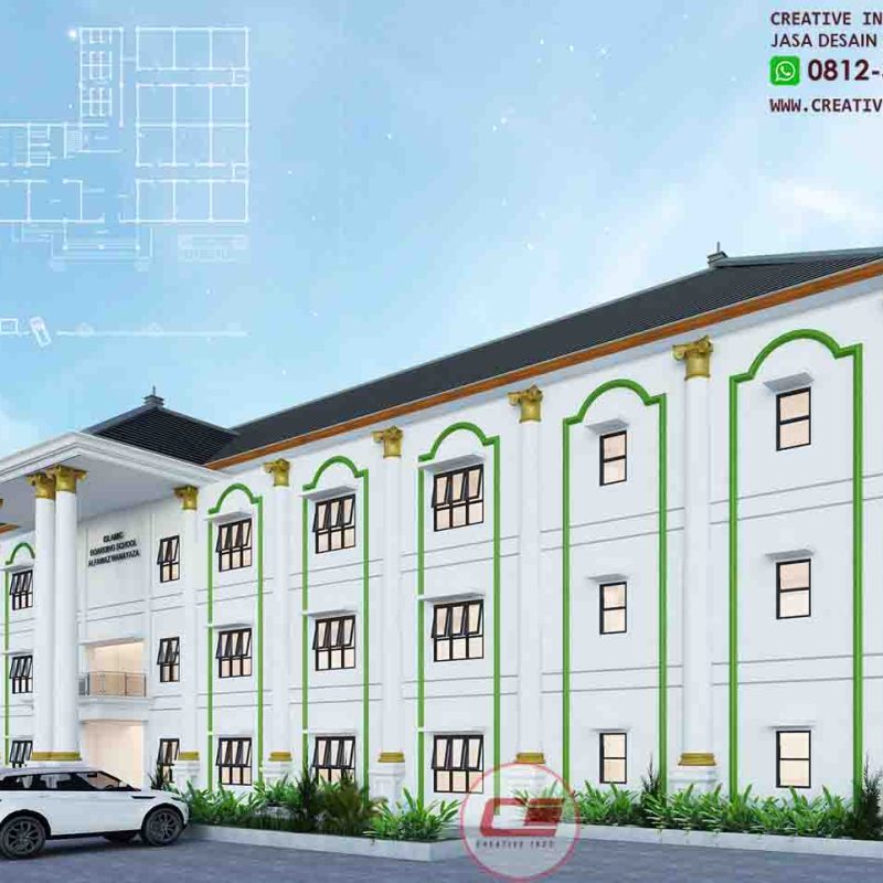 Desain sekolah Islam modern 3 lantai.